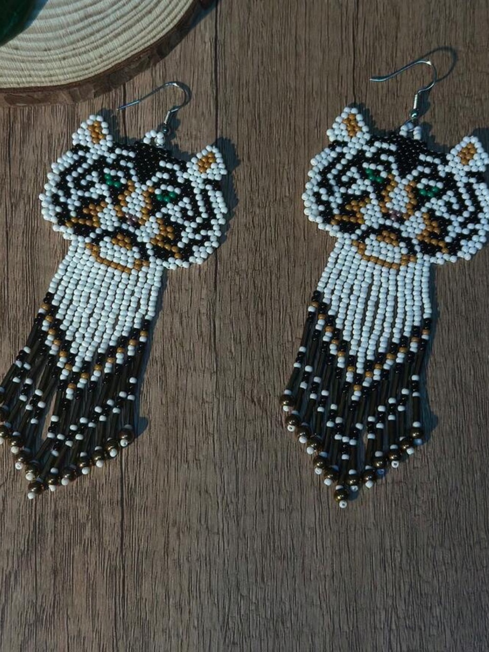 New! Handmade Beaded Tiger Face Fringe Earrings Stamped 925 Fishhook Earwires